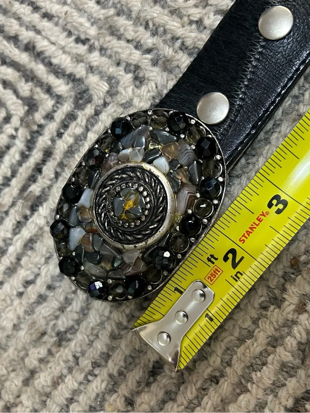 LEATHEROCK Black Leather Belt Mosaic Stone Crystal Statement Buckle Western Boho